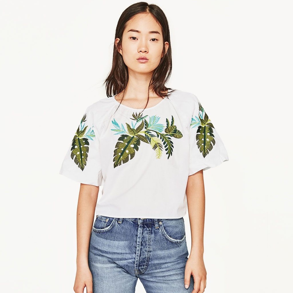 Zara Basics Small Crop Top Bell Sleeve Blouse Leaf